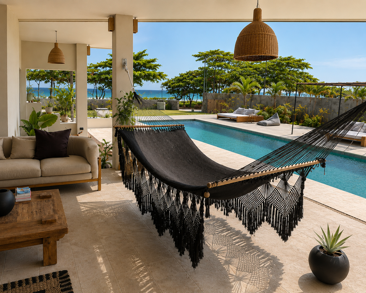 Hammock by the pool with ocean view at Selvamar