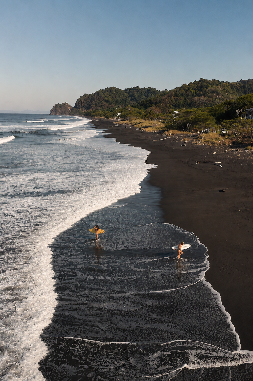 Aerial coastline view with surfers at Playa Hermosa